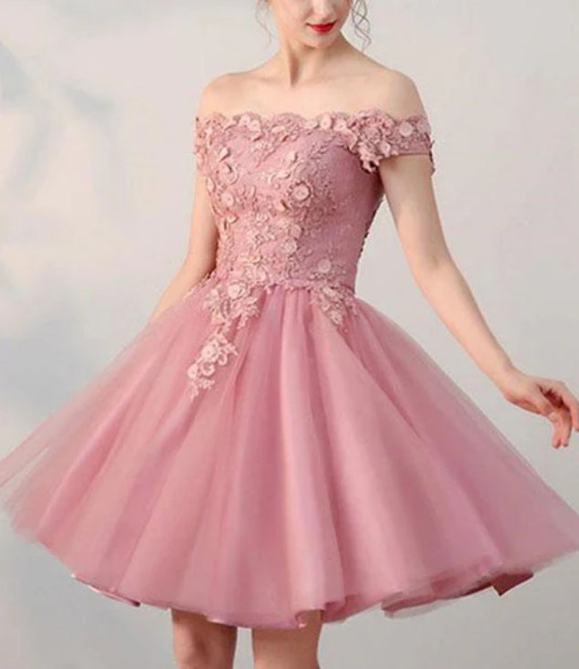 Luolandi A Line Off Shoulder Homecoming Dress Short Party Dress with Appliques Beautiful Graduation Dress